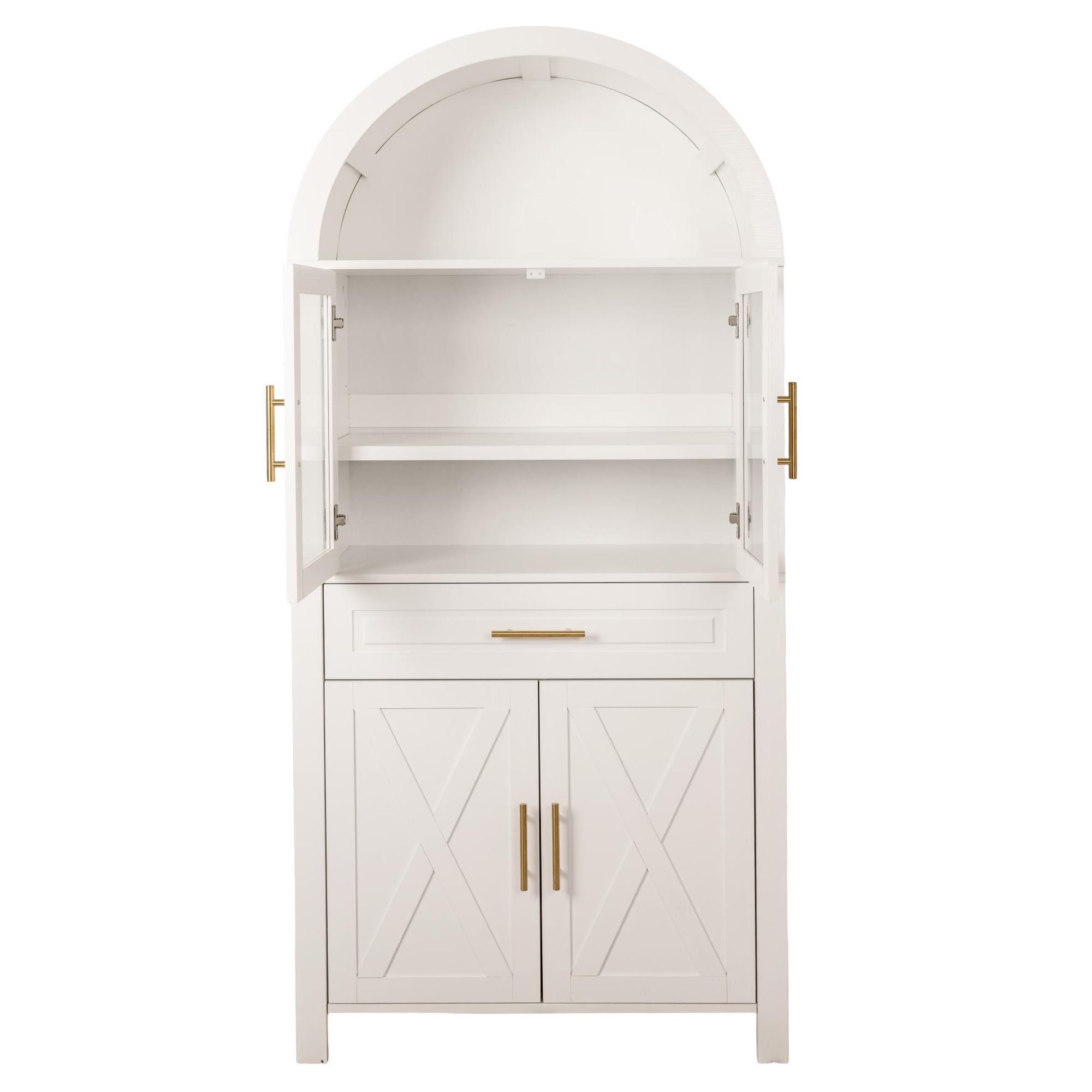 PORKISS Arched Kitchen Pantry Storage Cabinet, 71" Tall Wood Pantry Shelves with 4 Doors, 1 Large Drawer, Adjustable Shelves for Dining Room Living Room, White