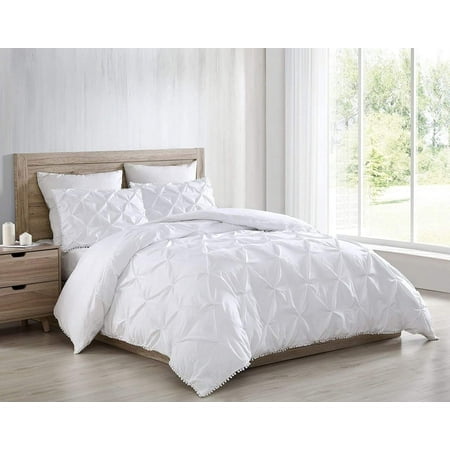 Chezmoi Collection Natalia Ensemble de Couette 3 Pcs avec Pompons, Plis Pincés, Alternative au Duvet, Ensemble de Literie en Microfibre Lavée Douce avec Franges Boule à Plis Pincés (Grand Lit, Blanc)