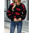 thumbnail image 2 of Arvbitana Women's Valentine’s Day Knit Sweater Cartoon Lip Print Long Sleeve Loose Pullover Knitwear Ladies Crew Neck Casual Jumper Tops, 2 of 6