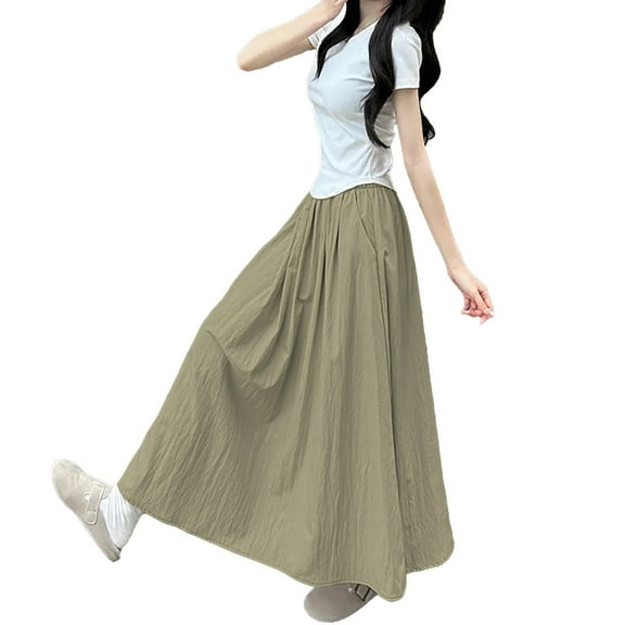 Charmgo Women's Skirts Summer Fashion Wrinkle Long Skirt for Women Elastic High Waist Casual Maxi Skirt With Pockets Plus Size A Line Flowy Skirt Midi Skirts for Women Army Green L