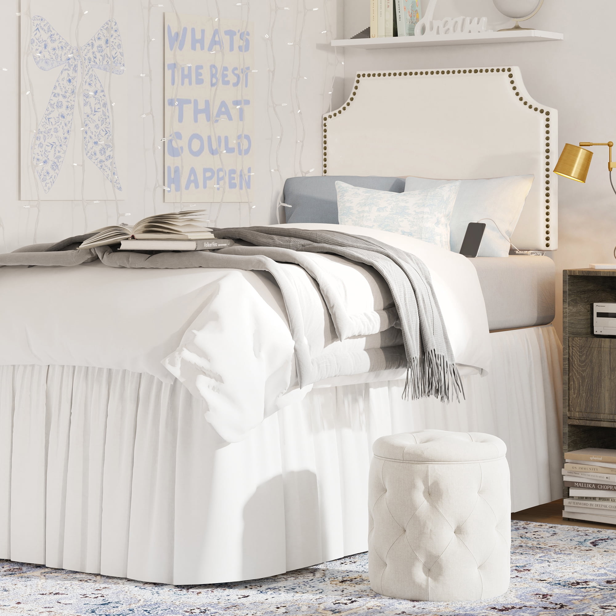 HH2 Home Hanging Twin Headboard with Nailhead and USB Charging, White Faux Leather