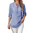 thumbnail image 2 of Warop Women's Plaid Elegant V Neck 3/4 Sleeve Button Down Blouse Shirt with Sleeve Tab for Office Work Daily Wear, 2 of 9
