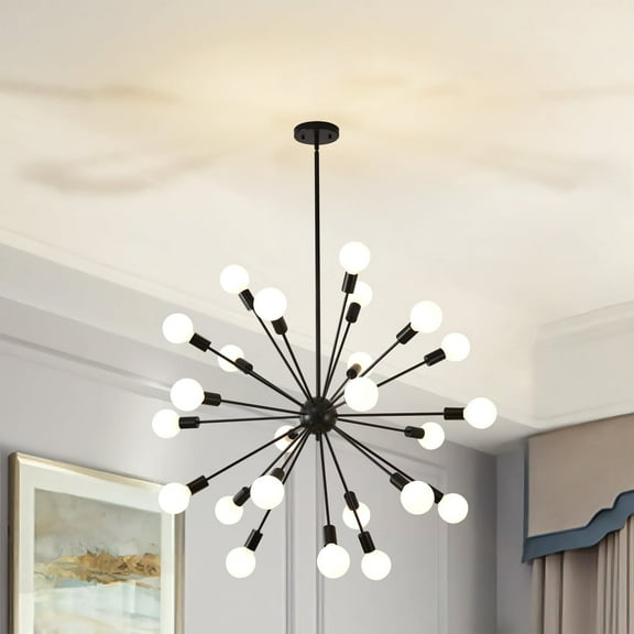 Black Sputnik Chandeliers Light, 24-Light Farmhouse Mid Century Pendant Light, Height Adjustable Chandelier for Dining Room Living Room Kitchen Island