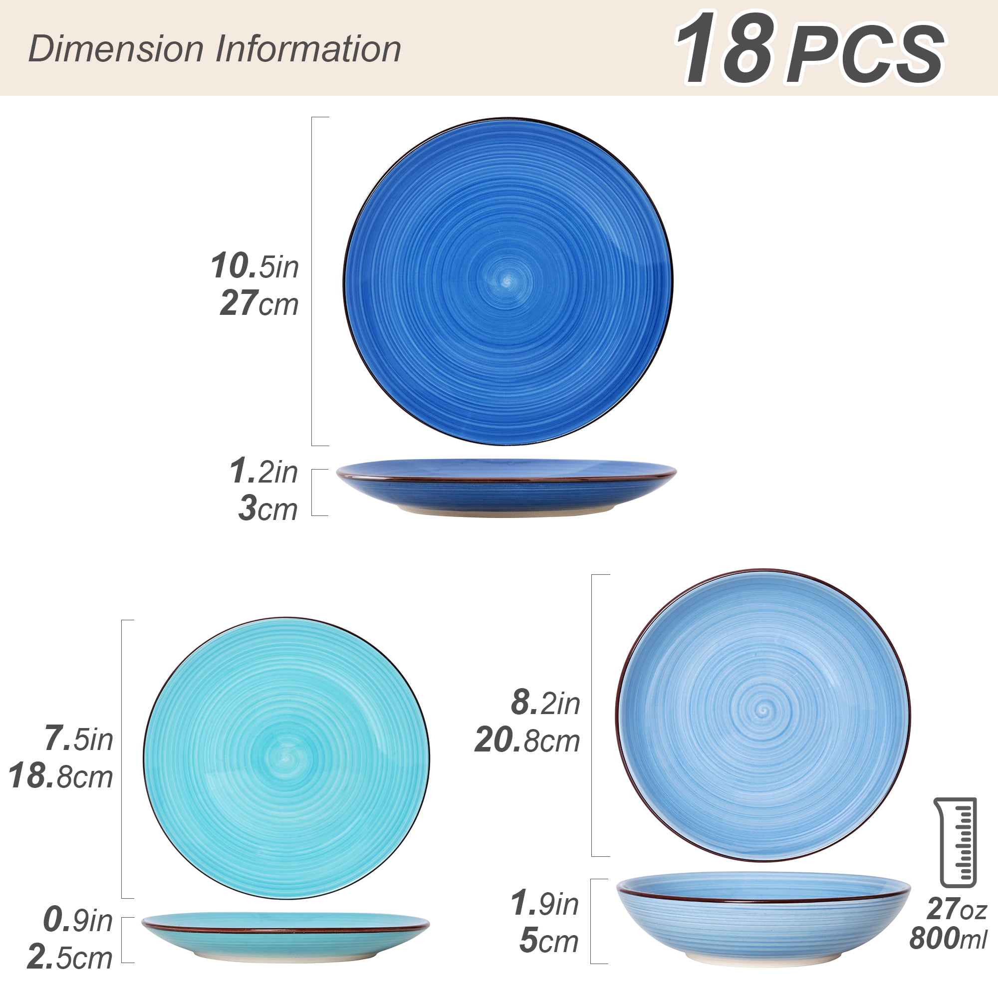 Dorothy 18 Piece Stoneware Dinnerware Set, Blue, Series, Service for 6