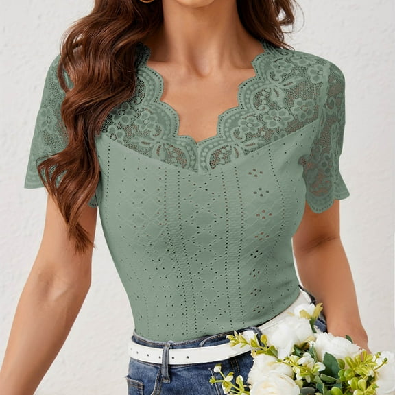 Otvok 2025 Womens Fashion V-Neck Lace Solid Color Short Sleeve Blouses