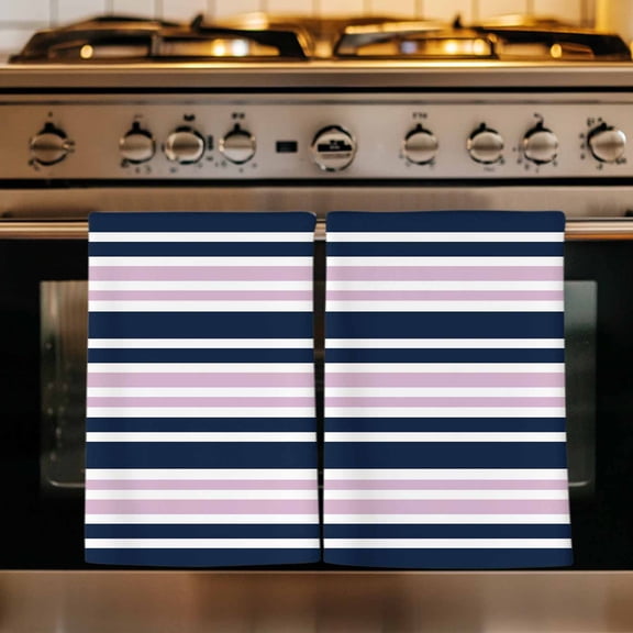 Navy Blue Pink Striped Kitchen Towels Set of 3, Gradient Horizontal Lines Absorbent Dish Towels for Kitchen, Microfiber Hand Towel, Quick Drying Tea Towel for Cleaning Decorative Dishcloths