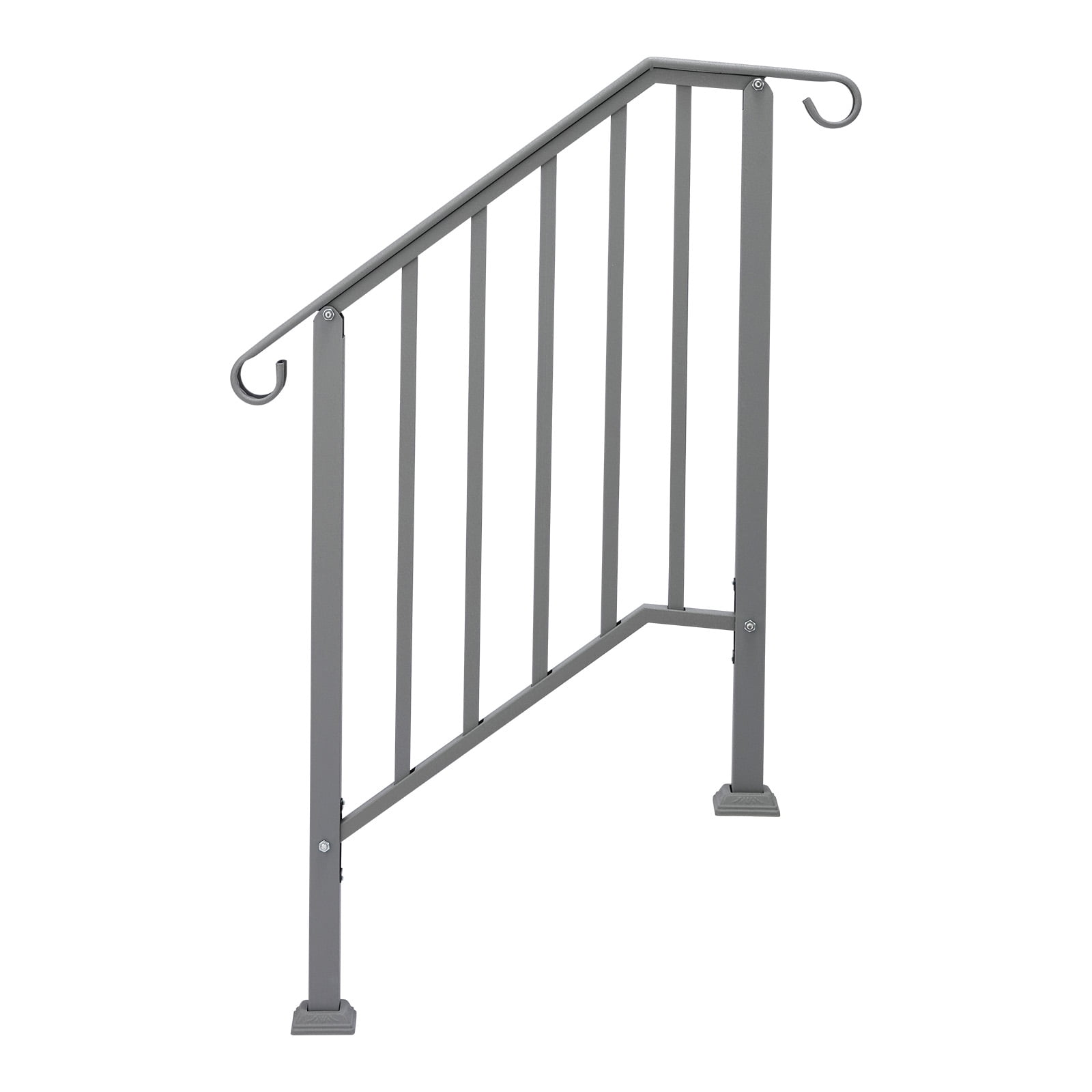Silver Powder Coated Galvanized Iron Curved Stair Handrail Fit 2 Steps Outdoor Garden Picket Step Safety Railing With Full Installation Hardware
