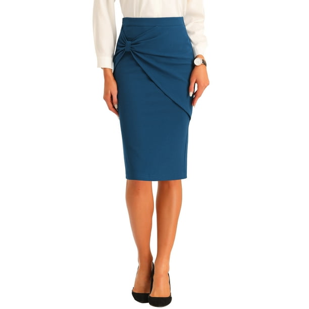 Falda lápiz de cintura alta con fruncidos para mujer INSPIRE CHIC, detalle de lazo, abertura trasera, midi, ajustada, color azul pavo real