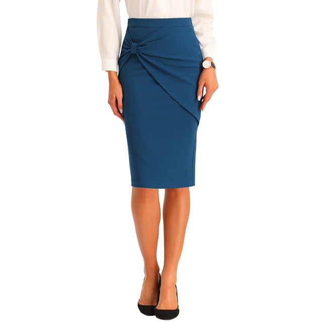 Falda lápiz de cintura alta con fruncidos para mujer INSPIRE CHIC, detalle de lazo, abertura trasera, midi, ajustada, color azul pavo real
