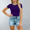 thumbnail image 2 of Kinrui Short Sleeve Fitted T-Shirts for Women Denim Patchwork Trim Casual Summer Tops Purple L, 2 of 6