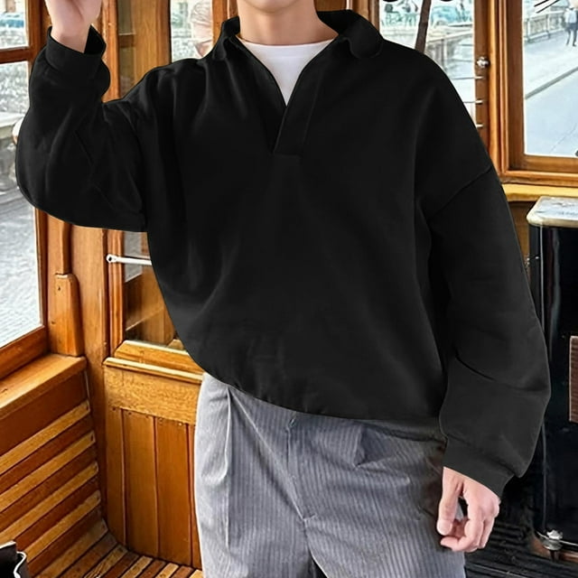 pstuiky camisetas de manga larga para hombre, Camisa con capucha de manga larga con solapa de color sólido informal para hombre. Tops de talla grande para hombre xl