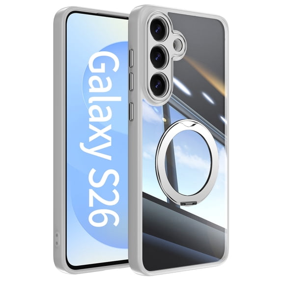 Sanwo for Samsung Galaxy S26 Case, Clear Magnetic Phone Case with 360° Ring Kickstand, Camera Lens Protector, Shockproof PC TPU Protective Cover, Gray