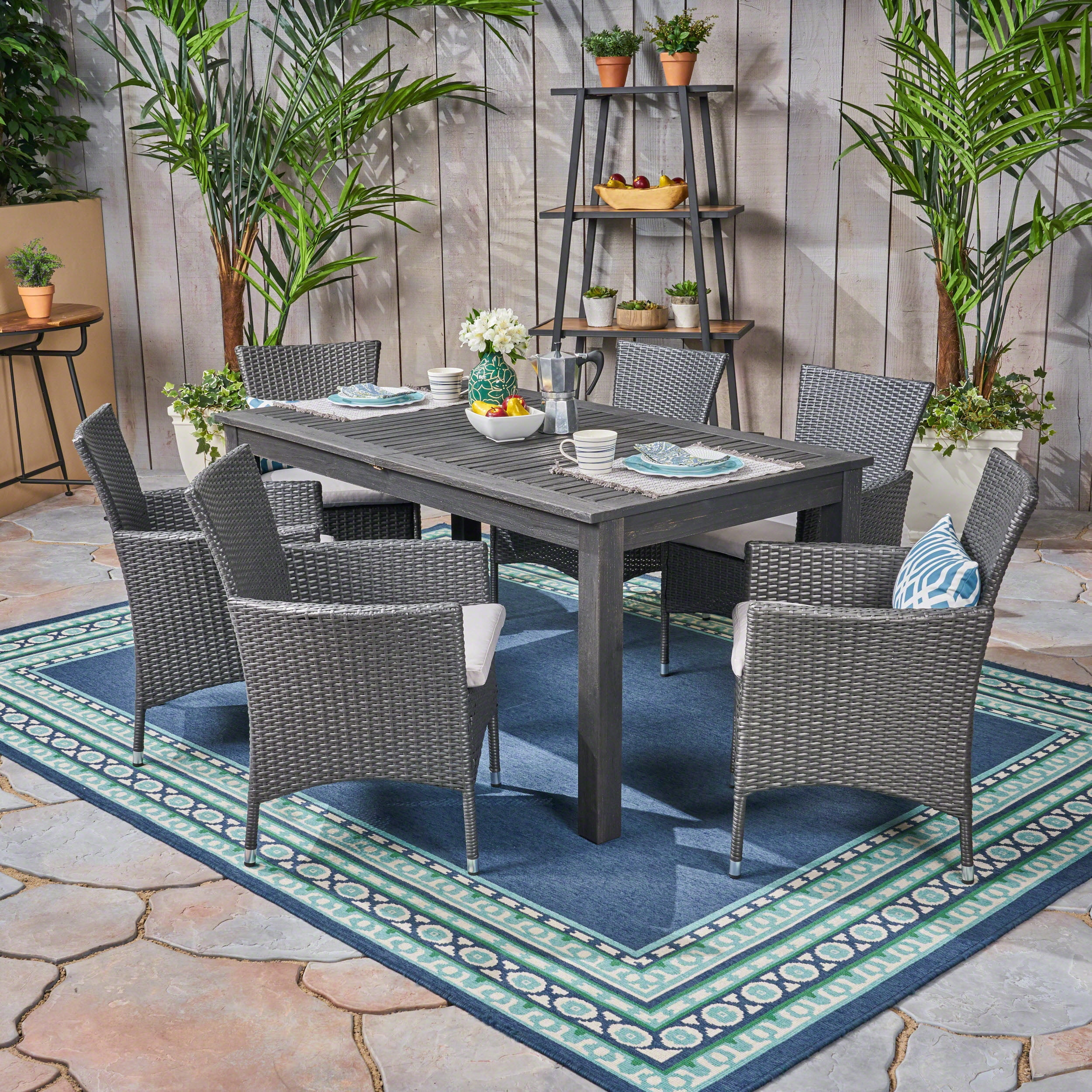 Annalise Outdoor 7 Piece Acacia Wood and Wicker Expandable Dining Set with Cushions, Sandblast Dark Gray, Gray, Silver