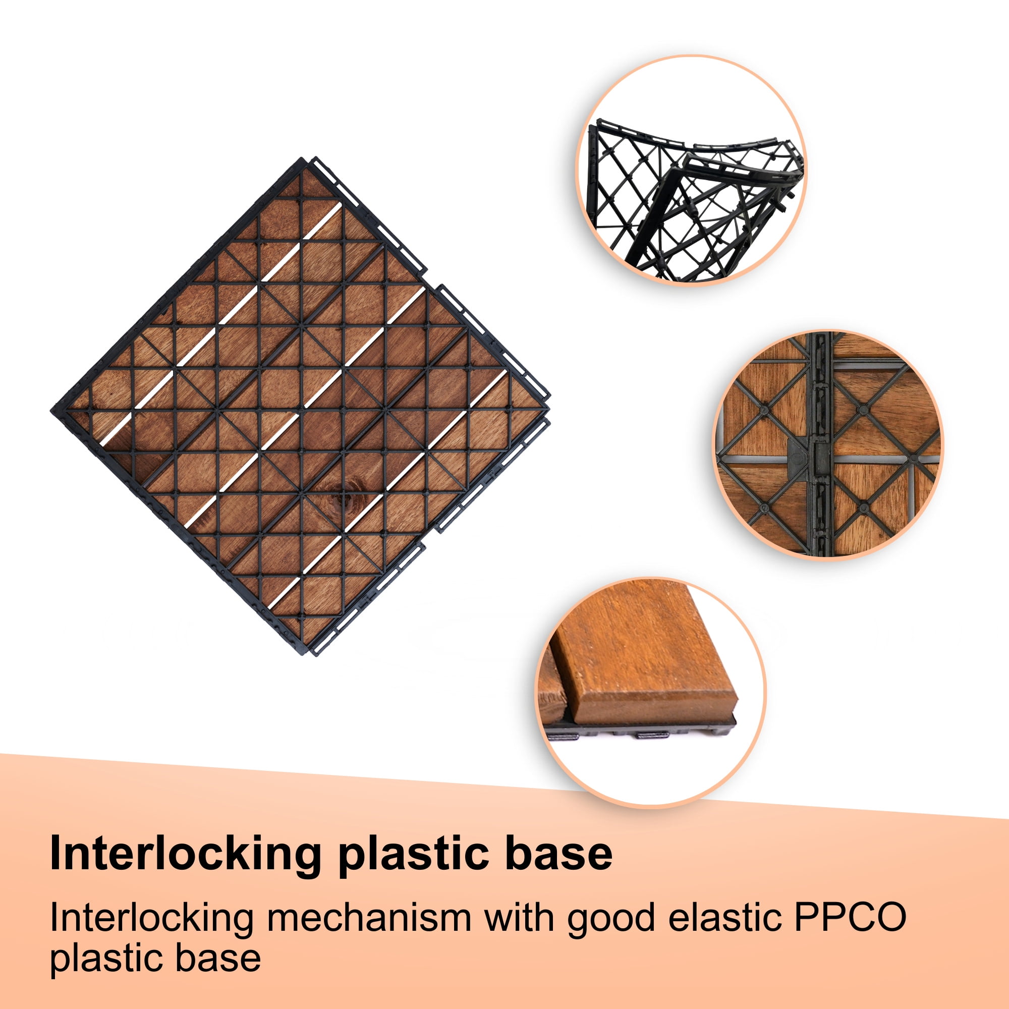 Miniyam 10 Pcs Interlocking Deck Tiles,  12x12 inch, Acacia Solid Wood, for Outdoor Balcony Garden, Brown