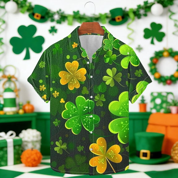 Ceisia Men's St. Patrick's Day Large & Small Four-Leaf Clover Print Short Sleeve Turndown Collar Stretch Casual Shirt Army Green XL Gifts