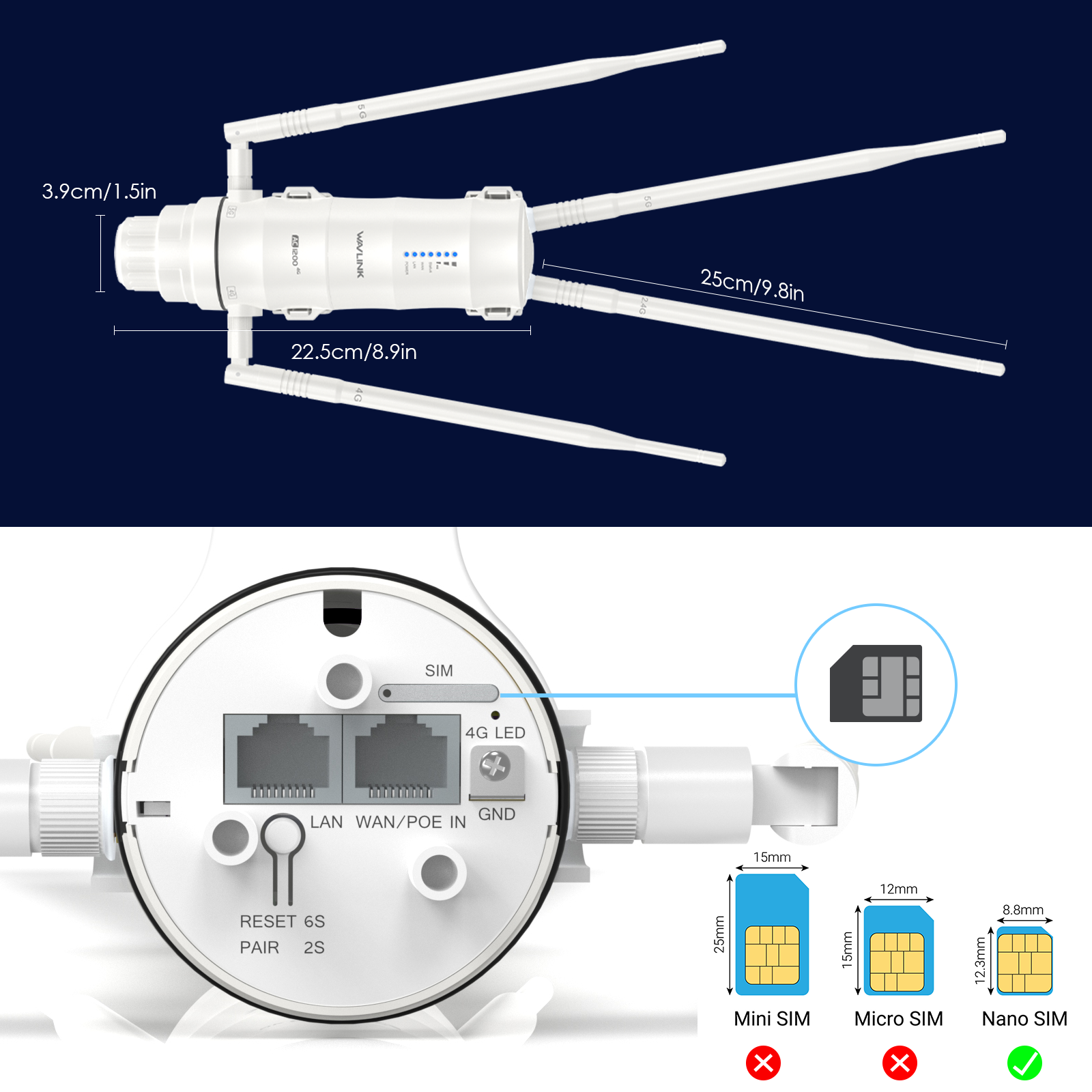 WAVLINK 4G LTE Outdoor Wi-Fi Router with Nano SIM Card Slot, 1200Mbps Dual Band Wireless Internet Hotspot WiFi, 4x7dBi Omni Directional Antennas, Support Router/4G Router/Mix Mode