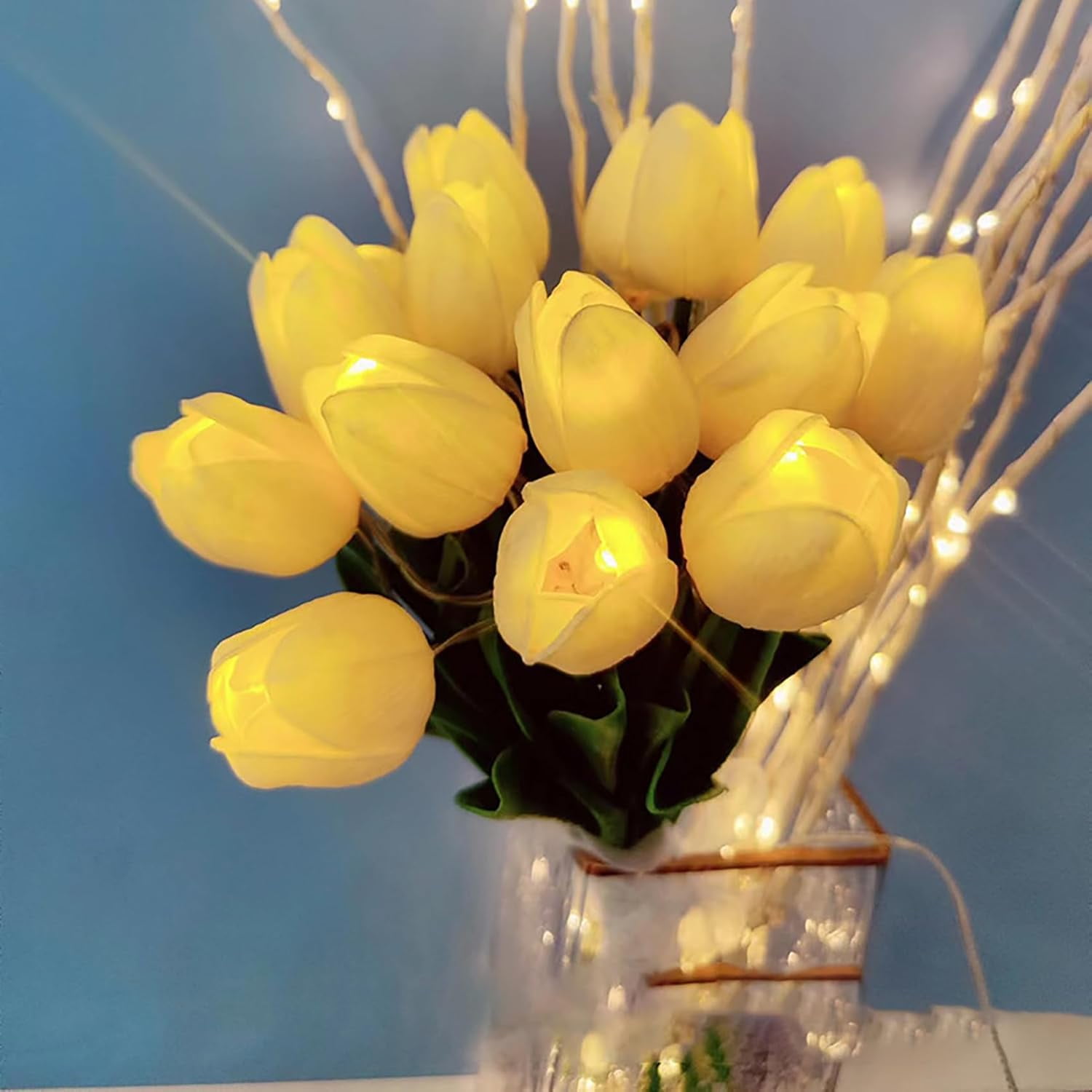 Artificial Tulip Flowers LED Lights Fake Tulips Bouquet Battery Powered Real Touch Led Night Light for Home Office Table Centerpiece Wedding