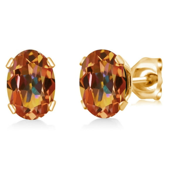 Gem Stone King Ecstasy Mystic Topaz Yellow Gold Plated Stud Earrings for Women Men (2.00 Cttw, Gemstone, Oval 7X5MM)