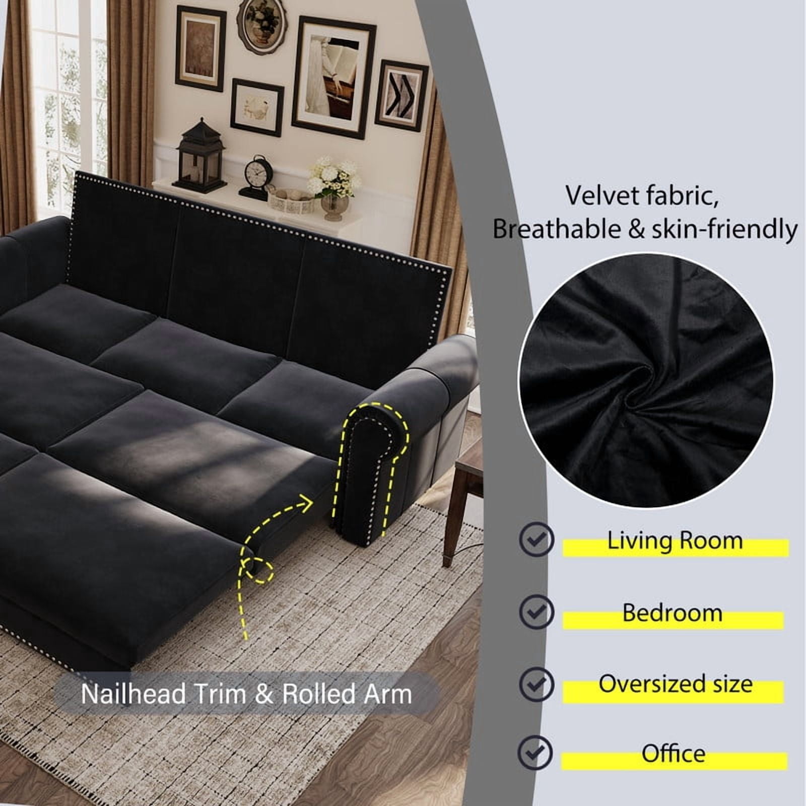 3-in-1 Velvet Convertible Sleeper Bed, 93.7" Chesterfield Sofa, King Size Pull Out Sofa Bed with Nailhead Trim & Rolled Arms, , Multi-Functional Futon Bed for Living Room, Bedroom, Apartment