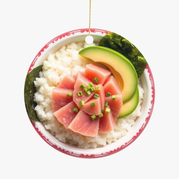 Poke Bowl, Tuna Fish, Avocado, Rice, Seaweed, Japanese Asian Cuisines Christmas Ornament, Food Foodie Novelty Xmas Tree Gift Accessory Funny Ornaments (Flat Design Printed on Ceramic, NOT 3D)