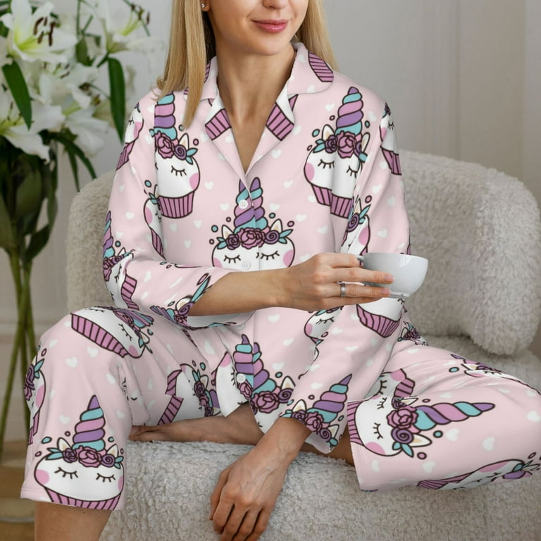 Cute Cupcake Pajamas for Women Set Comfy Long Sleeve Button Shirt and Pajama Pants Pjs Sets for Women 2 Piece Soft Sleepwear Ladies Pj Lounge Sets with Pockets Walmart
