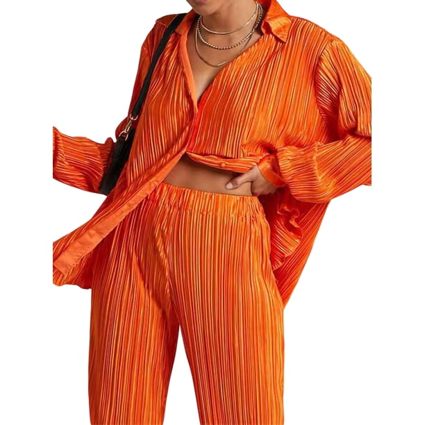VISgogo - Conjunto de pantalones para mujer, blusa fruncida de manga larga con cuello en V y cuello de solapa + pantalones elásticos de longitud completa VISgogo moda