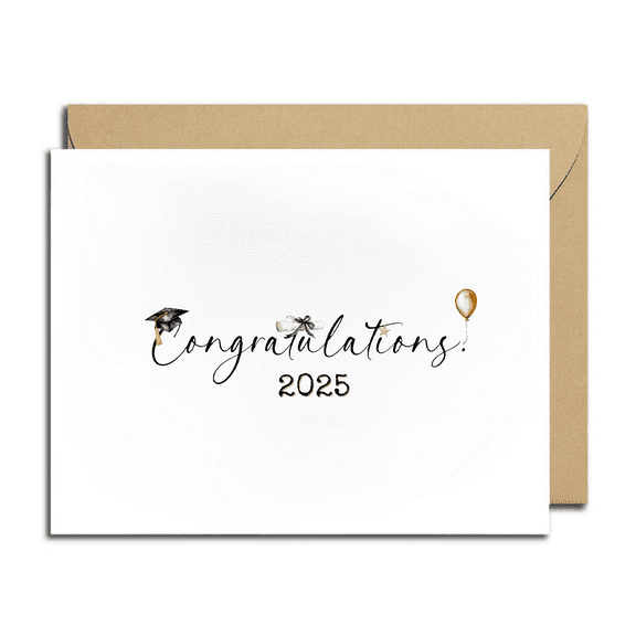 Congratulations Card 2025 – Festive Graduation Greeting with Cap, Diploma, and Balloon – Envelope Included, Blank Inside – Perfect for Celebrating Graduates
