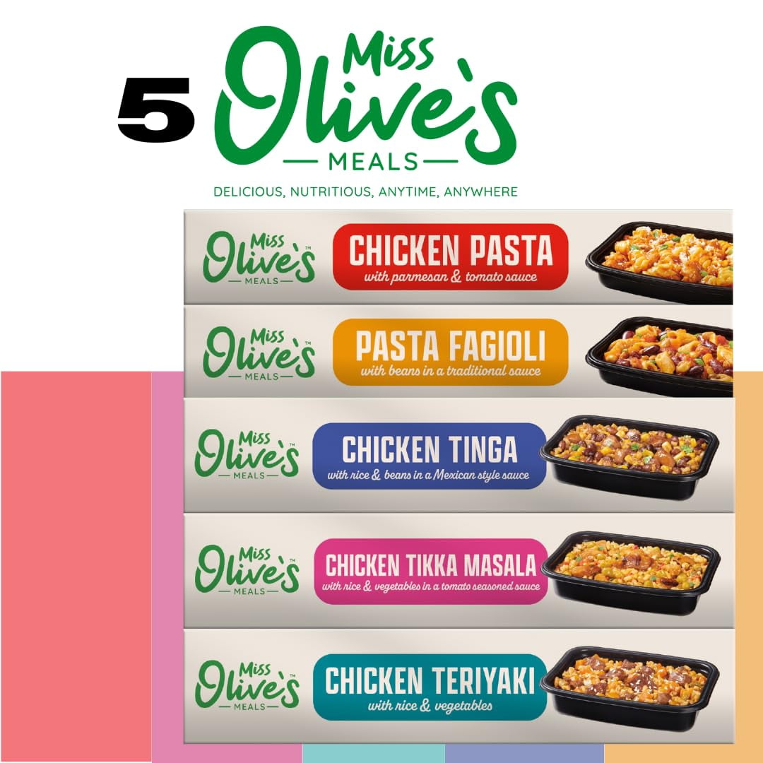 Miss Olives Ready Meals Variety Pack 5 Pack of Ready-to-Eat Microwaveable Meals Tinga, Tikka, Teriyaki, Pasta Fagioli & Chicken Parm, Bigger Portion Sizes, Heat & Serve Convenience