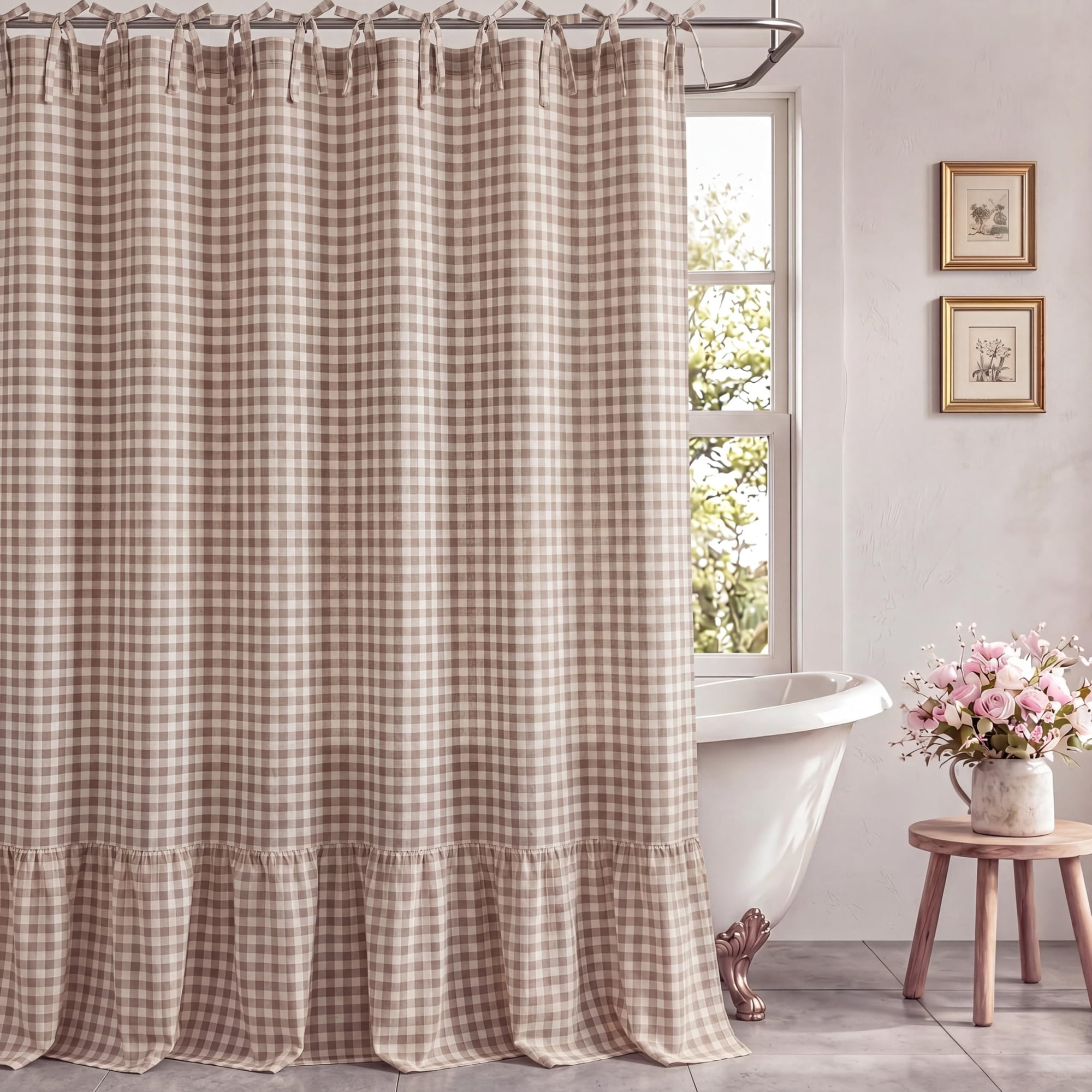 Farmhouse Gray Gingham Shower Curtain with Ruffle Hem, Linen Blend Fabric Tie Top Hanging Bathroom Curtain Gray Plaid Country Vintage Rustic for Bathroom Home Decor, 72" W x 72" L