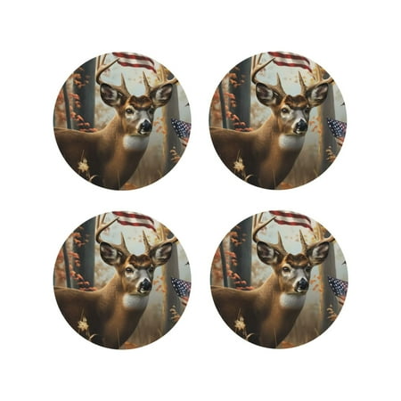 

Qekee American Wildlife Deer Forest Print PU Leather Absorbent Coasters Leather Coasters Set for Cups Drinks 4 Coasters 4 Pcs for Coffee Bar Home Decor-Round Shape