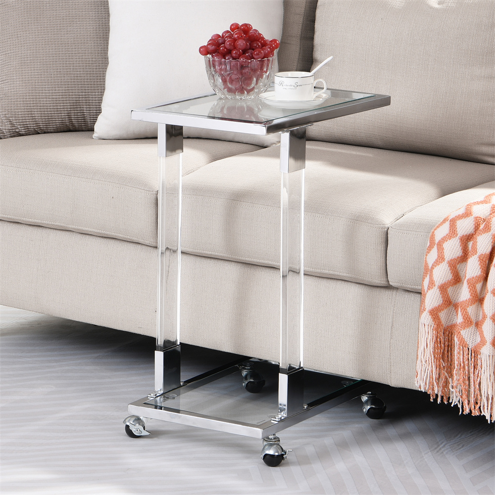 Lausatek Chrome Side Table, Acrylic End Table Glass Top C Shape Square