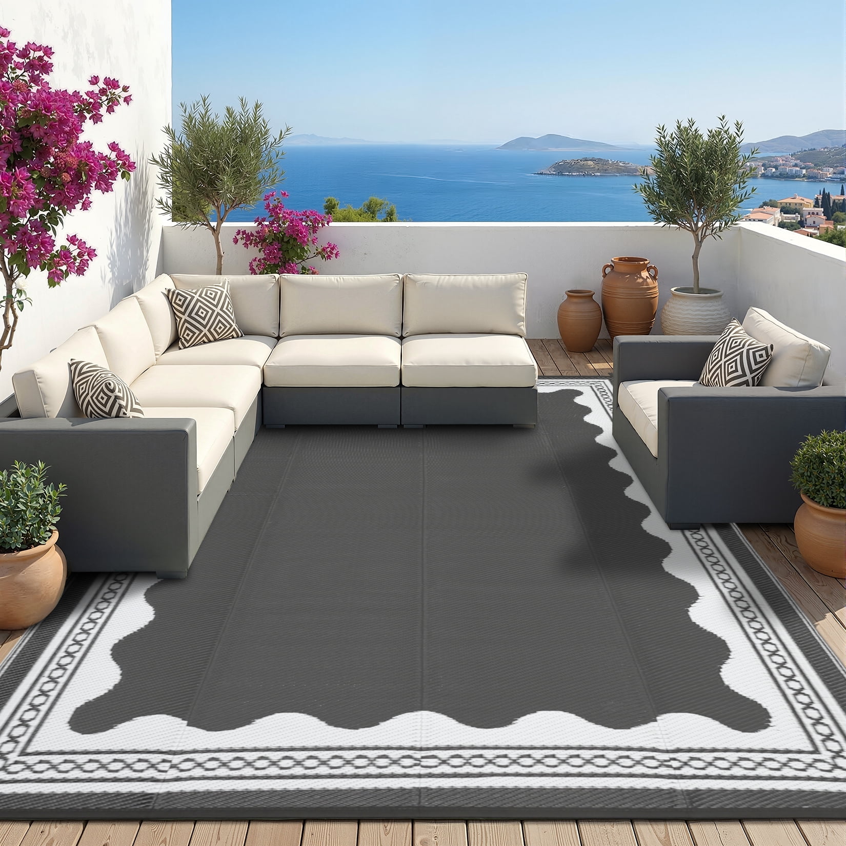 Garvee Outdoor Rug 8x10ft Modern Bordered Reversible Plastic Straw Rug, Waterproof RV Camping Rug Foldable Patio Rug for Deck Porch Balcony Backyard Picnic Beach, Gray/White