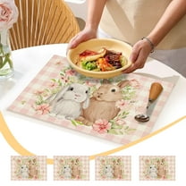 Twfbrm Easter Bunny Placemats Set of 4, Easter Table Decorations 12x18 Inch Linen Rabbit Flowers Place Mats, Heat-Resistant Washable Rustic Spring Decorative Table Mats for Party Kitchen Dining