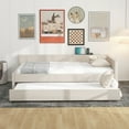 thumbnail image 3 of Full Size Platform Bed with Twin Size Trundle, Modern Wood Bed Frame with USB Ports and Slats Support, Linen Upholstered Bed for Adult and Teens, No Box Spring Needed, Beige, 3 of 8
