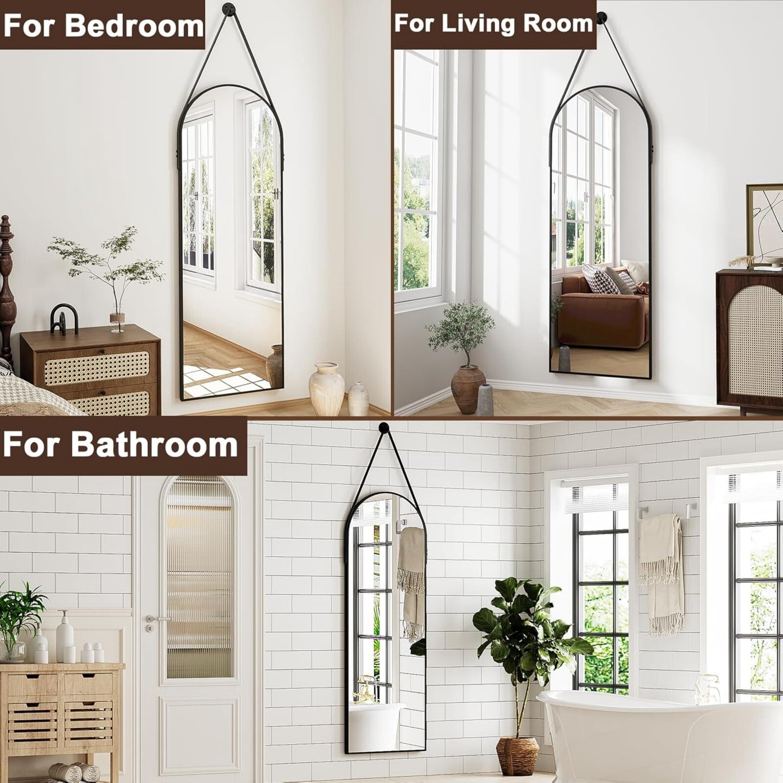 BEAUTYPEAK 48"x16" Arched Full Length Wall Mirror with Leather Hanging Straps and Aluminum Frame,Black