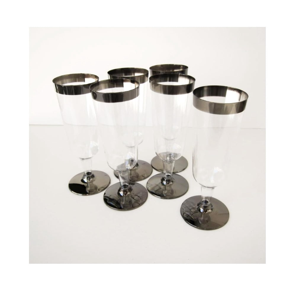 60 x Champagne Flute Disposable Wedding Party Plastic Silver Rimmed Wine Glass