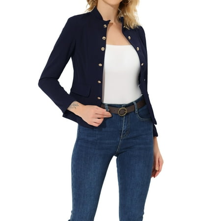 Allegra K Women's Vintage Stand Collar Open Front Button Decor Casual Blazer Jacket