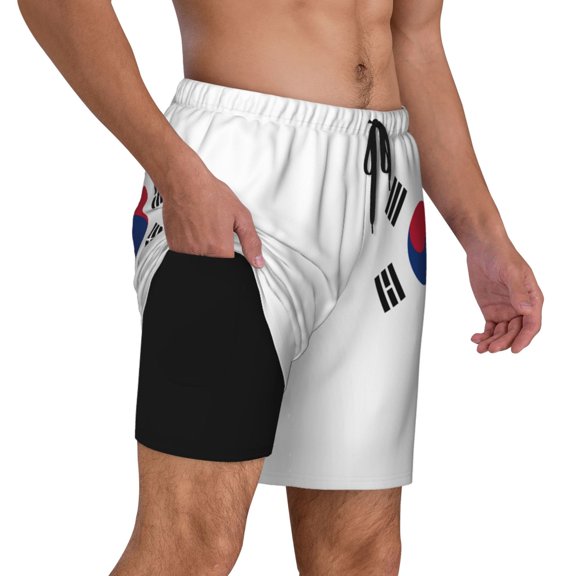 Mens South Korean Flag 2 in 1 Quick Dry Swim Trunks with Compression Liner Beach Shorts