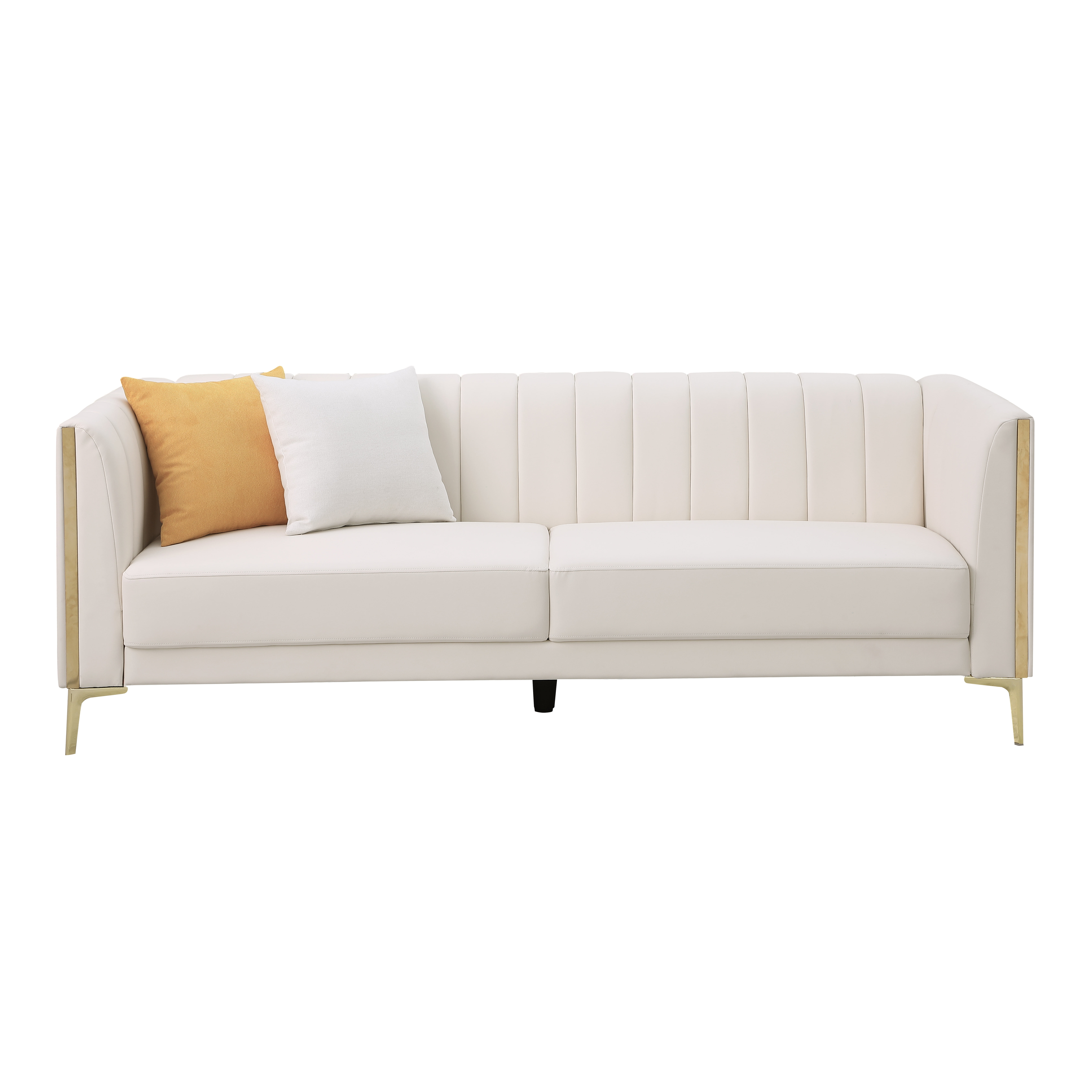 Homfa 77.6" 3 Seater Sofa, Modern PU Leather Couch with Golden Legs & Armrests & 2 Pillows for Business Office, Cream White