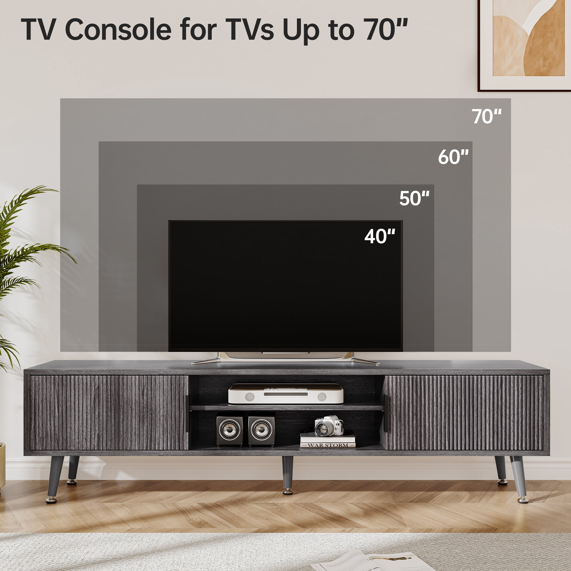 TV Stand for Living Room, Mid Century Modern Entertainment Center for 55/60/65/70 inch TVs, TV Console with Fluted Door Cabinets and Open Shelves, for Bedroom, Living Room, Gray