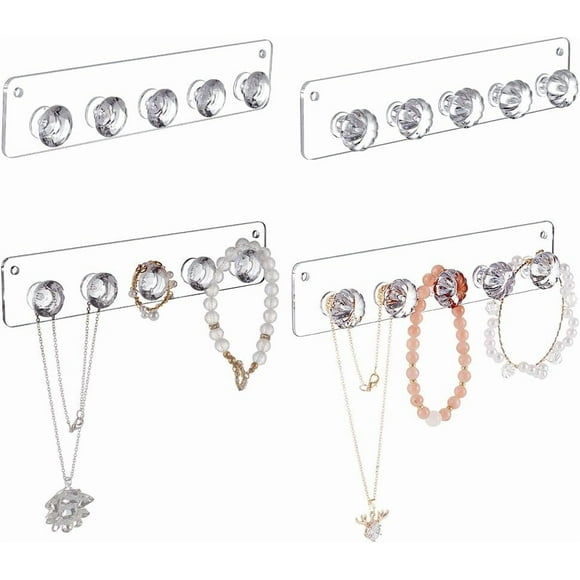 Organizador de joyas acrílico de 4 piezas para colgar collares en la pared con 5 ganchos, organizador de joyas para pulseras, anillos, collares, cadenas y llaves, transparente.