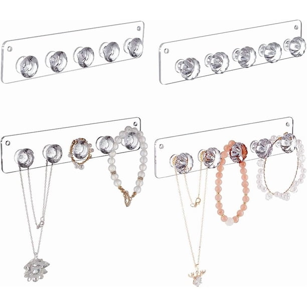 Organizador de joyas acrílico de 4 piezas para colgar collares en la pared con 5 ganchos, organizador de joyas para pulseras, anillos, collares, cadenas y llaves, transparente.