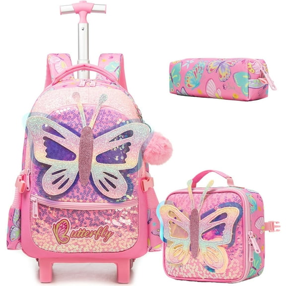 Kids Rolling Backpack for School Girls with Wheels Lunch Bag Pen Case Lightweight Wheeled Bookbag for Elementary Students Ages 6-8