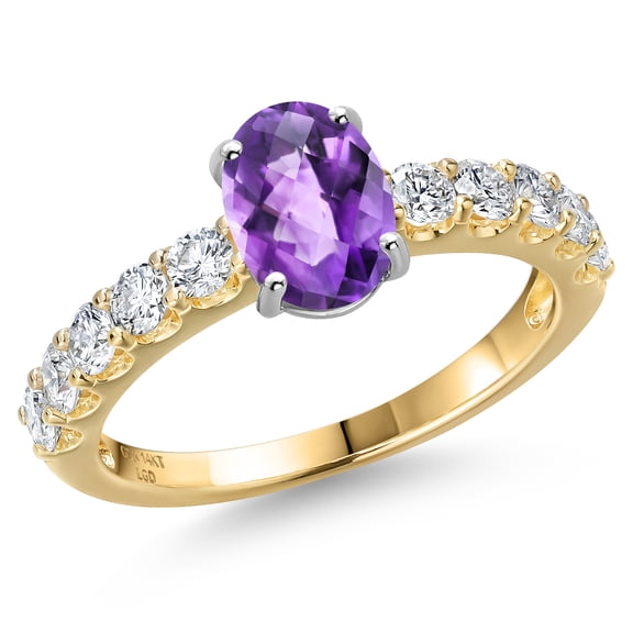 Gem Stone King 14K Two Tone Gold Purple Amethyst and Lab Grown Diamond Engagement Ring for Women | 1.85 Cttw | Oval Checkerboard 8X6MM | Gemstone February Birthstone | Size 7