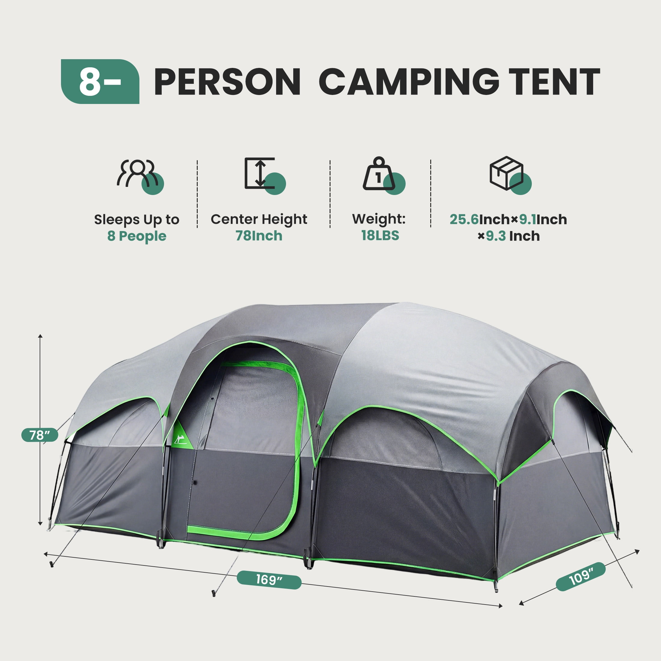 EDX 8-Person Camping Tent with Waterproof Double Layer & Standing Height Cabin, Mesh Roof, Divided Curtain, Easy Setup & Family-Friendly, Portable Carry Bag, Spacious for Car Camping, Gray