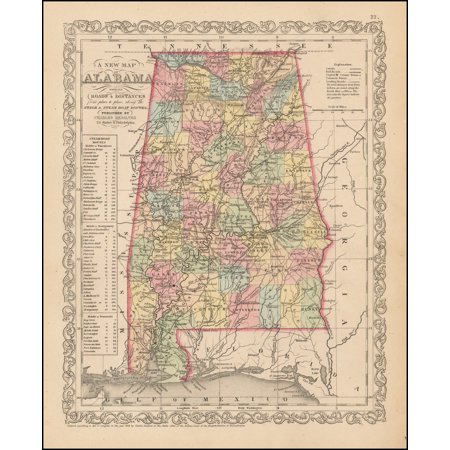 LAMINATED POSTER A New Map Of Alabama with its Canals, Roads, Distances from Place to Place, along the Stage & Steam Boat Routes POSTER PRINT 24 x