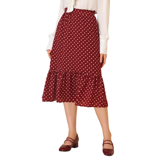 Allegra K Falda a media pierna con cintura elástica y lunares para mujer Vino rojo M Unique Bargains Falda