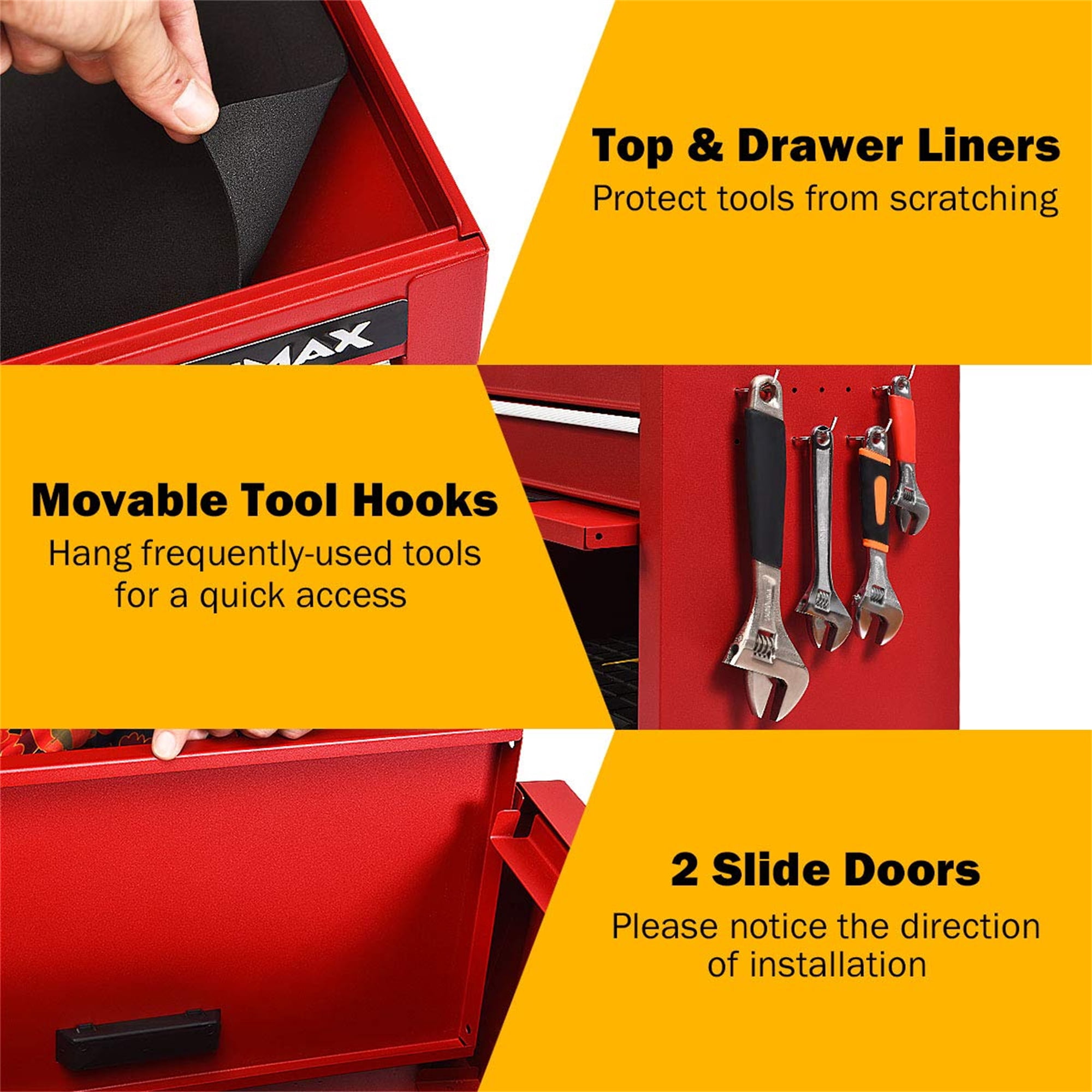Aukfa Tool Box, 3 in 1 Steel Rolling Tool Chest w/ 6-Drawers & 2 Cabinet for Garage Workshop, Red