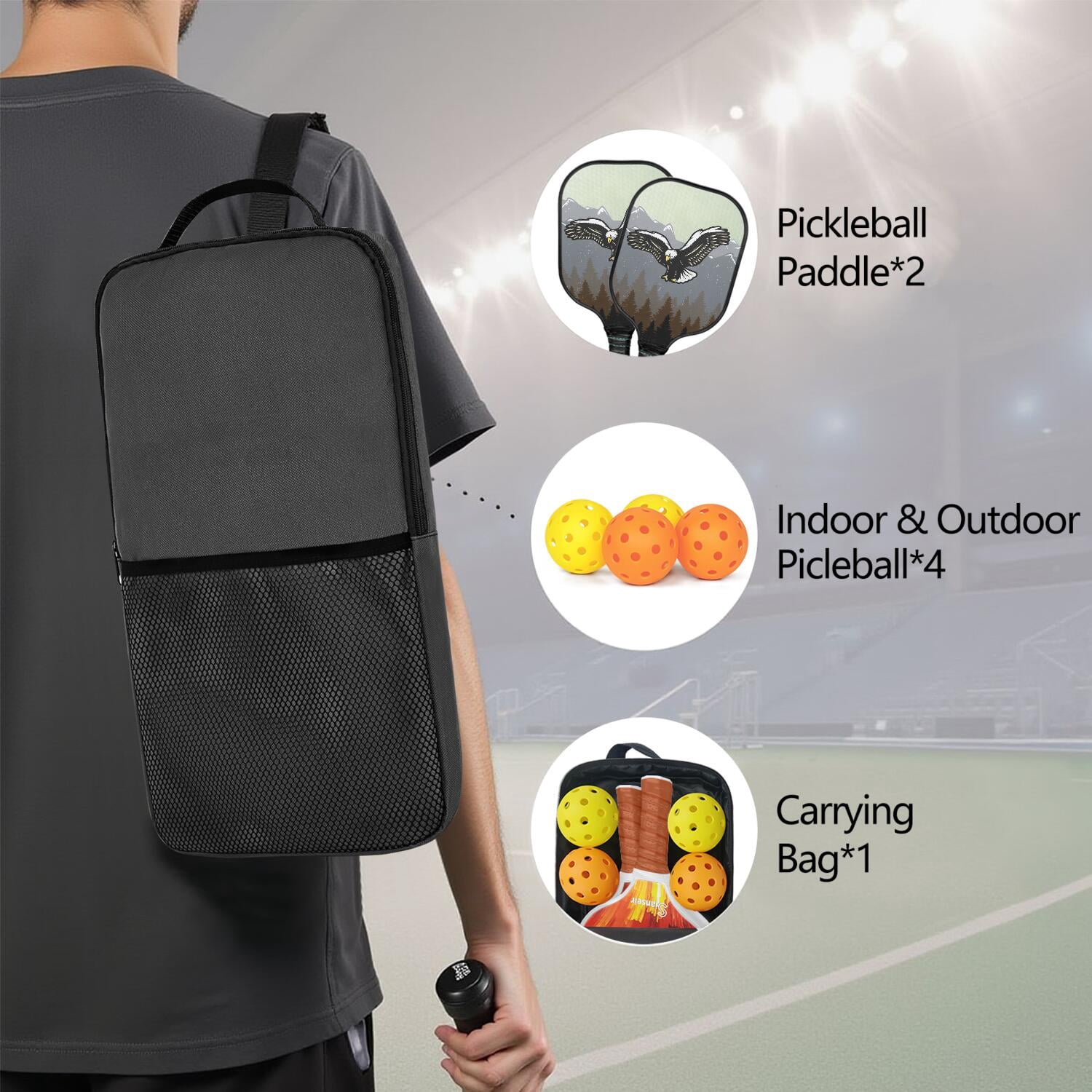 Pickleball Paddles Set Of 2, Fiberglass Surface, USA, Independence Day Print, 4 Balls & Bag