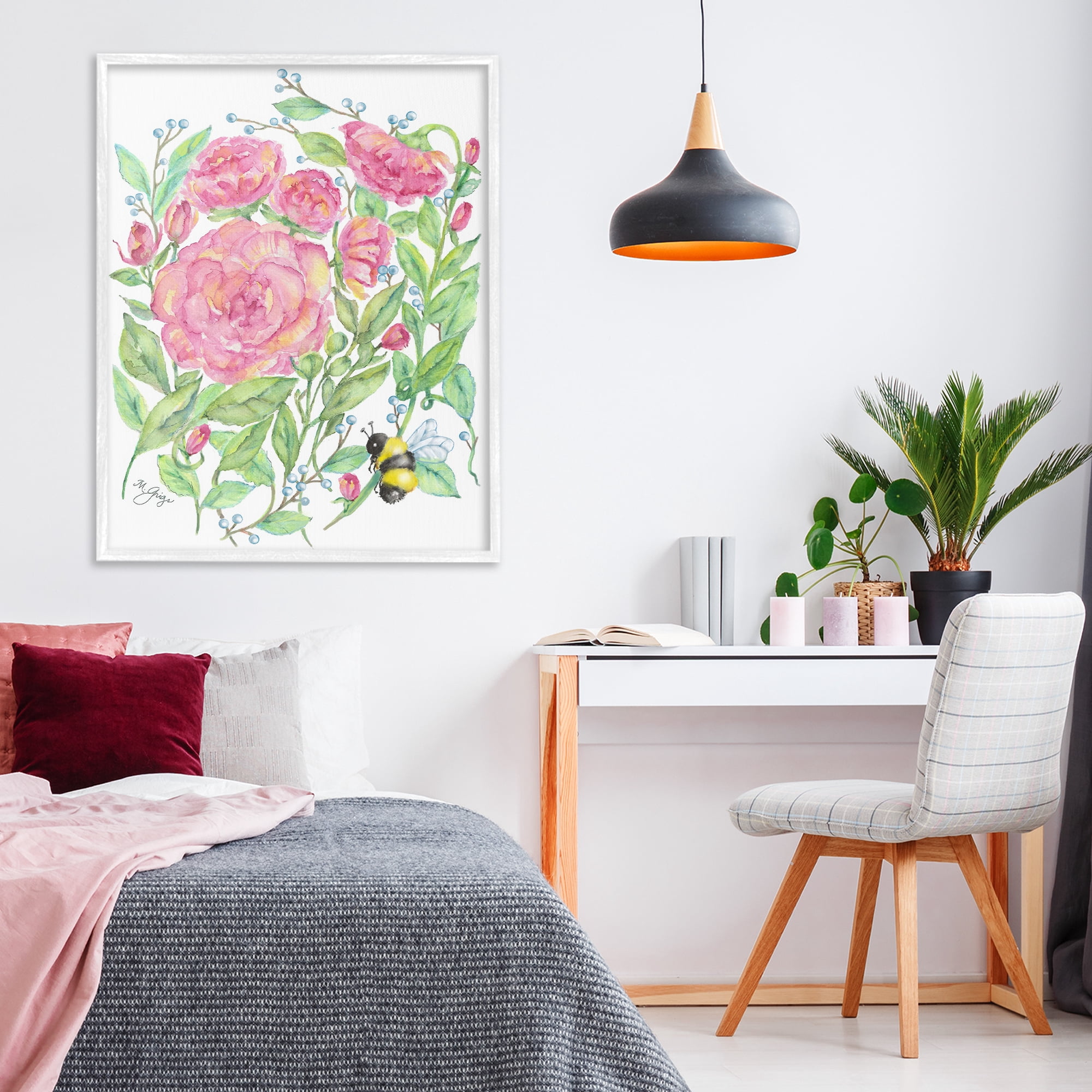 Stupell Industries Peony & Bumble Bee White Framed Giclee Art, design by Maureen Grigs